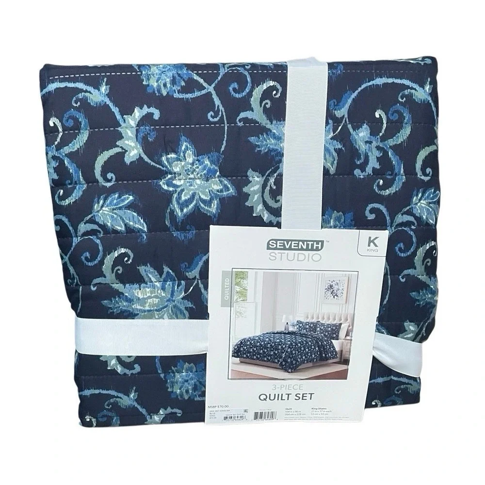 Seventh Studio Vancie Navy Floral‎ 3-Pc. Quilt Set King Size 104X 90 Inches NEW